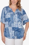 Ruby Rd. Plus Size Patchwork Bandana Henley T-shirt In Blue