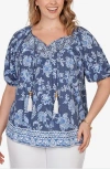 Ruby Rd. Ruby Rd Floral Split Neck Clip Dot Top In Blue