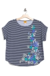 Ruby Rd. Petite Floral Stripe Jersey T-shirt In Blue