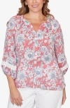 Ruby Rd. Plus Size Floral Silky Gauze Peasant Button Front Top In Multi