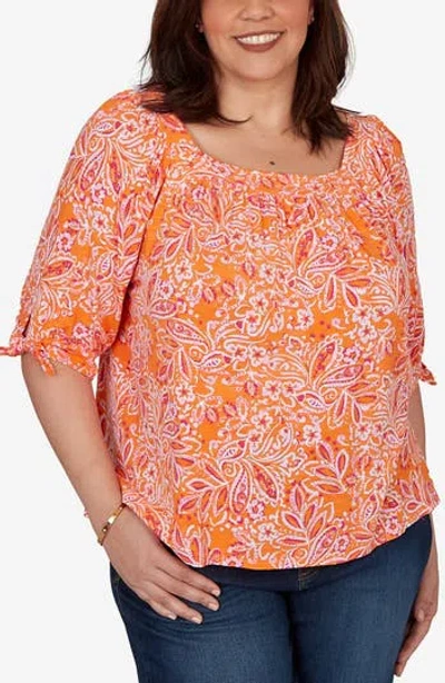 Ruby Rd. Ruby Rd Floral Three-quarter Sleeve Slub Top In Orange