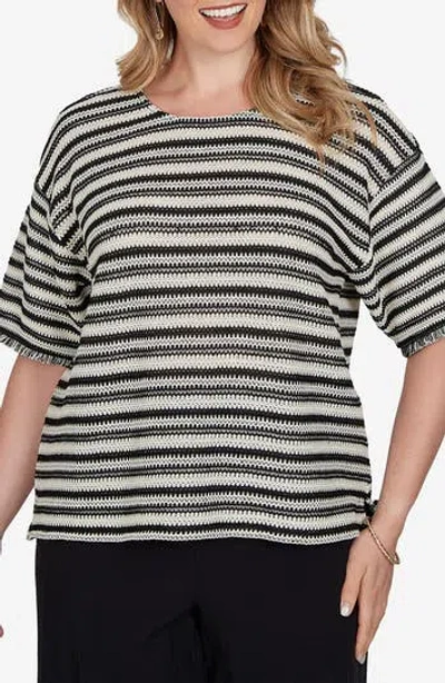 Ruby Rd. Ruby Rd Fringe Textured Striped Top In Black / Stone