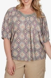 Ruby Rd. Ruby Rd Geometric Printed Slub Top In Cactus Multi