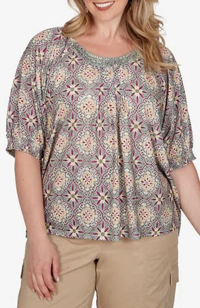 Ruby Rd. Ruby Rd Geometric Printed Slub Top In Cactus Multi
