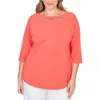 Ruby Rd. Plus Size Grommet Neck Solid Knit Top In Orange