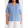 Ruby Rd. Ruby Rd Medallion Print Split Neck T-shirt In Blue