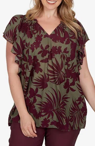 Ruby Rd. Ruby Rd Novelty Airy Cotton Gauze Top In Cactus / Grape Wine