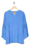 Ruby Rd. Ruby Rd Novelty Long Sleeve Crochet Top In Blue Moon