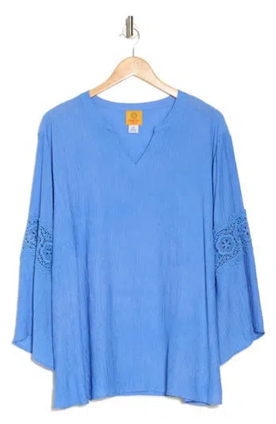 Ruby Rd. Ruby Rd Novelty Long Sleeve Crochet Top In Blue Moon