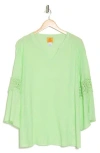 Ruby Rd. Ruby Rd Novelty Long Sleeve Crochet Top In Honeydew