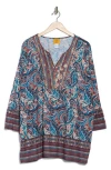 Ruby Rd. Plus Size Embellished Placket Paisley Print Slub Jersey Top In Porcelain Blue Multi