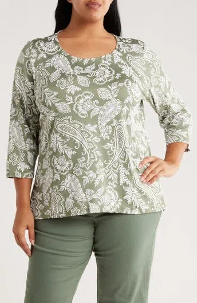 Ruby Rd. Petite Jacobean Paisley Puff Print Top In Gray