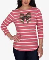 Ruby Rd. Petite 3/4-sleeve Boat-neck Curved-hem T-shirt In Pink