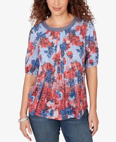 Ruby Rd. Petite Abstract Floral Lace Trim Top In Multi