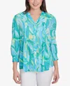 Ruby Rd. Petite Abstract Tropical Silky Button Front V-neck Top