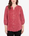 Ruby Rd. Petite Artisan Embroidered Button Front Top In Red