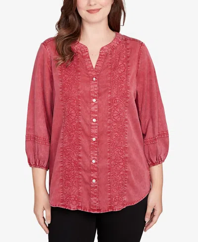 Ruby Rd. Petite Artisan Embroidered Button Front Top In Red