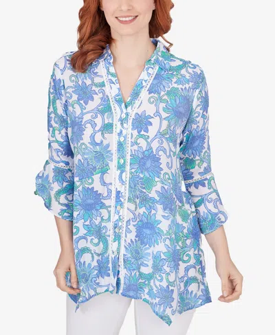 Ruby Rd. Petite Bali Floral Button Front Top In Blue Moon Multi