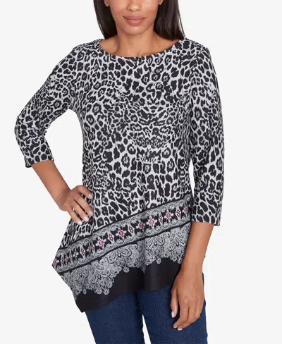 Ruby Rd. Petite Ballet Neck Animal Printed Hatchi Knit Top With Asymmetric Paisley Border Print Hem In Light Grey Multi