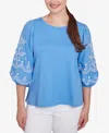 Ruby Rd. Petite Bella Blue Embroidered Three Quarter Sleeve Top In Blue Bird