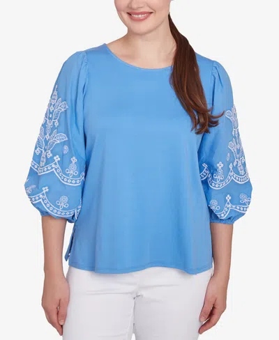 Ruby Rd. Petite Bella Blue Embroidered Three Quarter Sleeve Top In Blue Bird