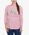 Ruby Rd. Petite Bicycle In Bloom Striped Three Quarter Sleeve T-shirt In Coral Multi