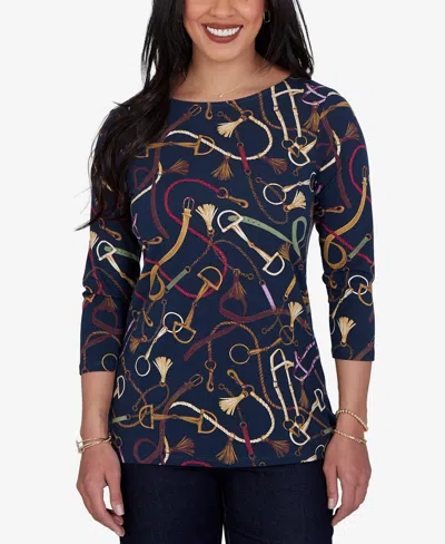 Ruby Rd. Petite Boat Neck 3/4-sleeve Equestrian Print Blouse In Blue