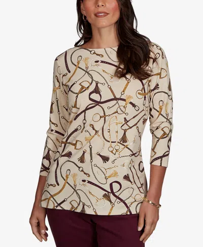 Ruby Rd. Petite Boat Neck 3/4-sleeve Equestrian Print Blouse In Neutral