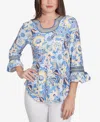 Ruby Rd. Petite Bohemian Floral Puff Print Crew Neck Top In Bluebird Multi