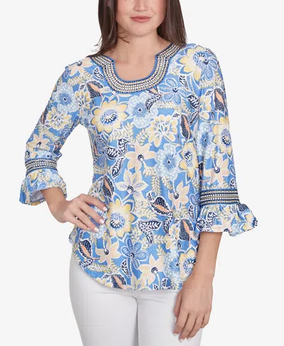 Ruby Rd. Petite Bohemian Floral Puff Print Crew Neck Top In Bluebird Multi