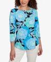 Ruby Rd. Petite Bold Poppies Envelope Neck Top In Blue