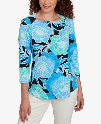 Ruby Rd. Petite Bold Poppies Envelope Neck Top In Blue