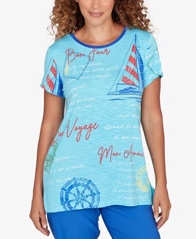 Ruby Rd. Petite Bon Voyage Trim Detail Graphic T-shirt In Blue