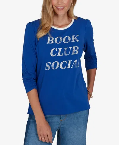 Ruby Rd. Petite Book Club 3/4-sleeve Graphic-print Top In Blue