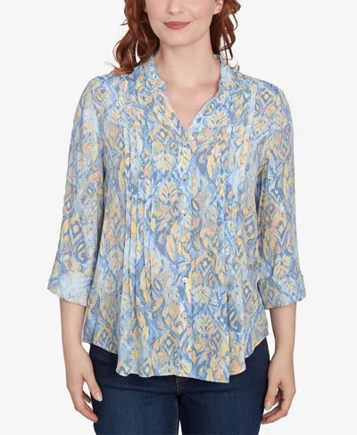 Ruby Rd. Petite Brushed Foulard Button Front Mandarin Collar Top In Bluebird Multi