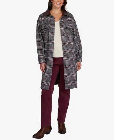 Ruby Rd. Petite Brushed Plaid Mid-length Shirt Jacket In Burgundy