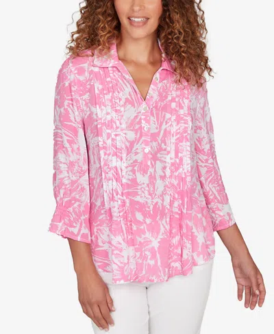 Ruby Rd. Petite Brushstroke Floral Silky Gauze Popover Top In Pink