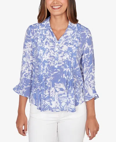 Ruby Rd. Petite Brushstroke Floral Silky Gauze Popover Top In Blue