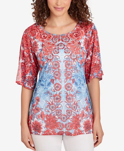 Ruby Rd. Petite Burnout Sublimation Mirrored Top In Tomato Multi