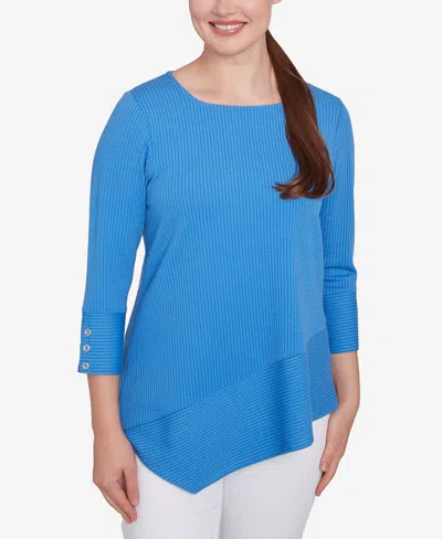 Ruby Rd. Petite Cable Stripe Ottoman Three Quarter Sleeve Top In Azure