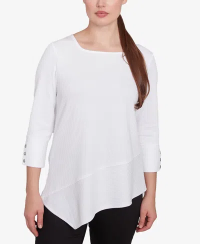 Ruby Rd. Petite Cable Stripe Ottoman Three Quarter Sleeve Top In White
