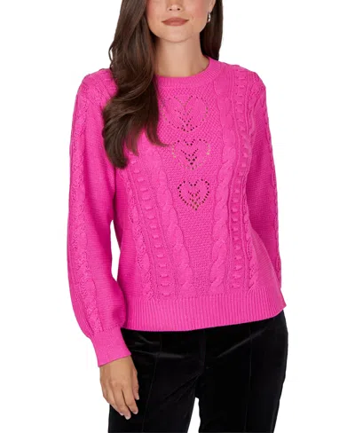 Ruby Rd. Petite Cable-knit Crewneck Long-sleeve Pullover Sweater In Pink