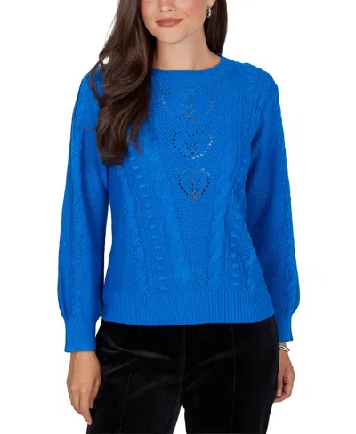 Ruby Rd. Petite Cable-knit Crewneck Long-sleeve Pullover Sweater In Blue