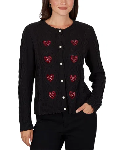 Ruby Rd. Petite Cable-knit Heart-embellished Cardigan In Black
