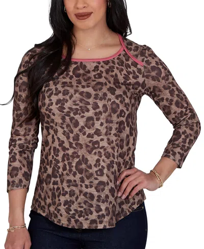 Ruby Rd. Petite Cheetah Print Knit Top In Brown