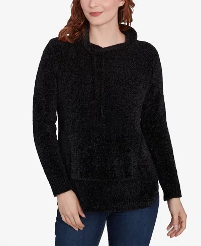 Ruby Rd. Petite Chenille Eyelash Pullover Pouch Pocket Funnel Neck Sweater In Black