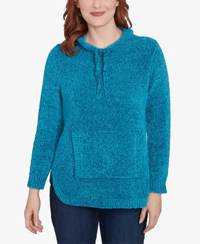 Ruby Rd. Petite Chenille Eyelash Pullover Pouch Pocket Funnel Neck Sweater In Jade