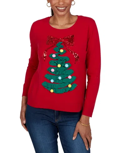 Ruby Rd. Petite Christmas Tree Applique Long-sleeve Crewneck Pullover Sweater In Red