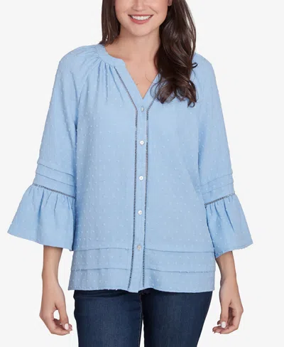 Ruby Rd. Petite Clip Dot Button Front Flared V-neck Top In Light Chambray