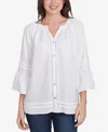 Ruby Rd. Petite Clip Dot Button Front Flared V-neck Top In White
